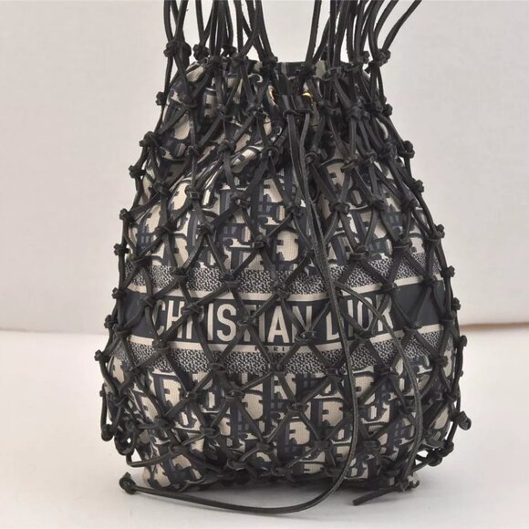 Authentic Christian Dior Trotter Nylon Leather Net Shoulder Tote Bag Blue - Picture 1 of 14